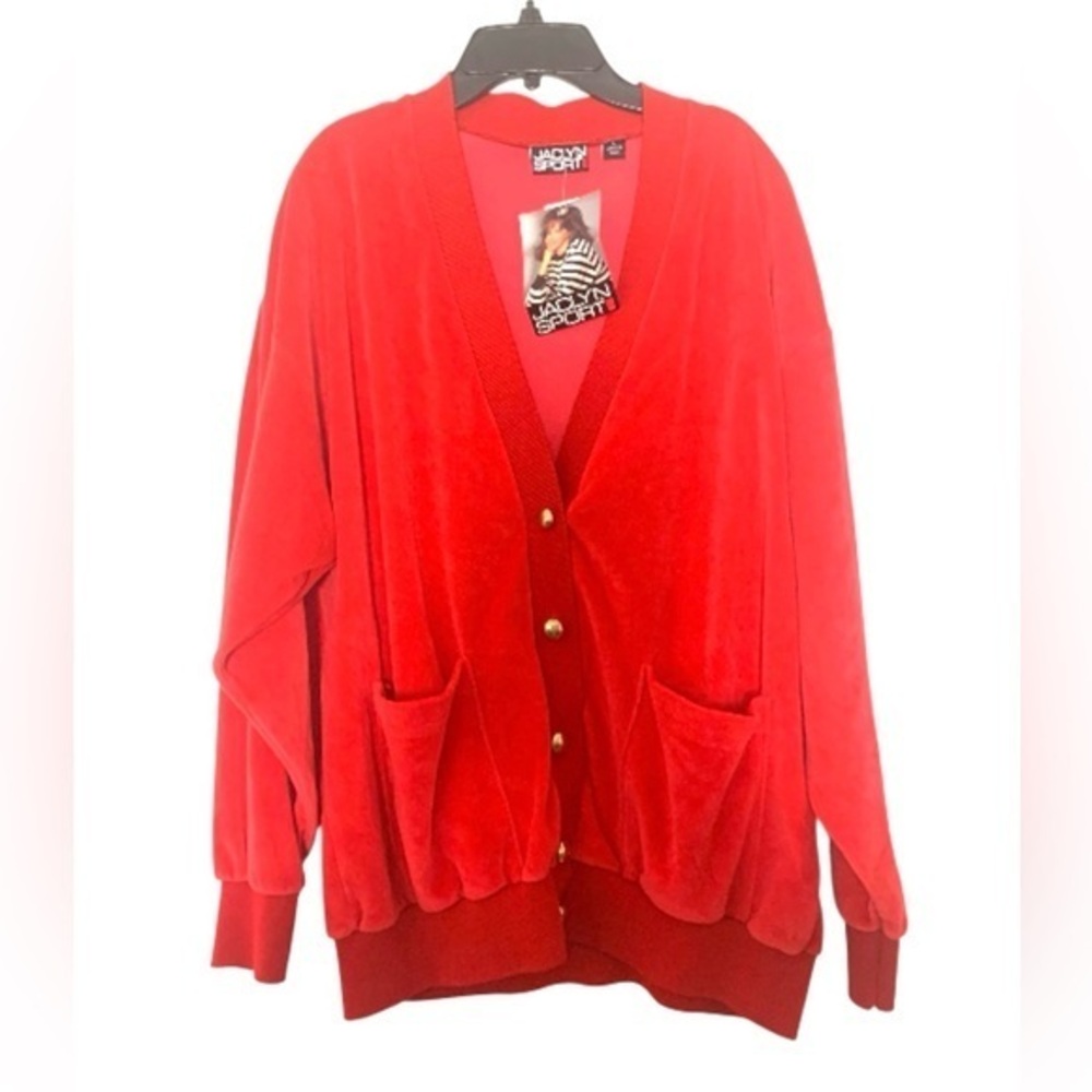 New Vibrant Jacklin Sport Velour Velvet V-neck Cardigan Red Gold buttons Large